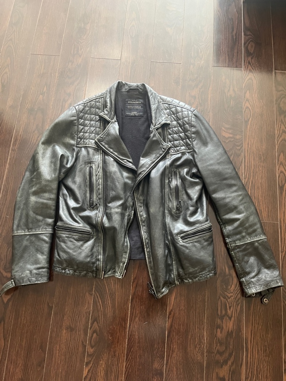 AllSaints Black Quilted Shoulder Leather Bomber Jacket